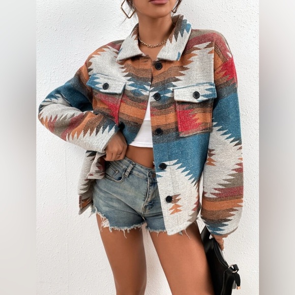 NWOT SHEIN Lune Multicolour Geo Print Drop Shoulder Flap Pocket Overcoat Size S - Picture 4 of 15